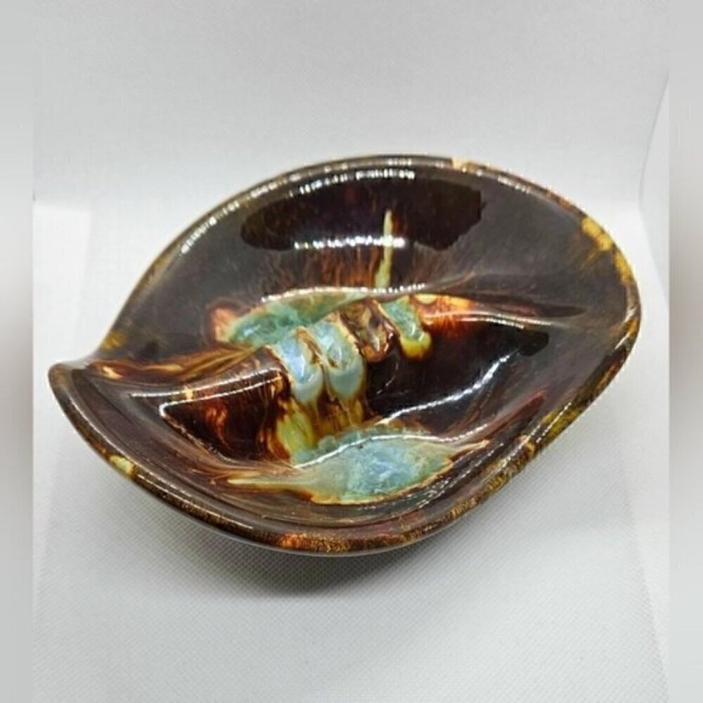 Vintage Mid Century Modern Ceramic Ashtray Atomic Drip Glaze Brown Blue